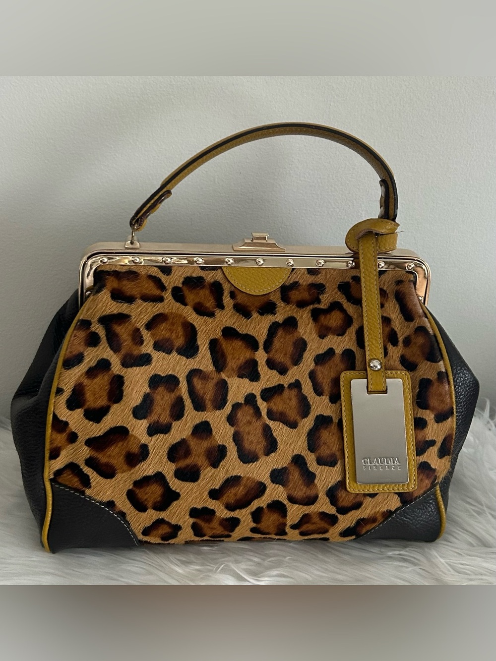 Claudia Firenze Leopard Calf Hair Leather Frame Satchel Made in Italy - Picture 3 of 15